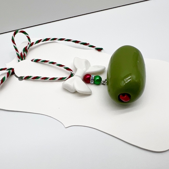 Christmas Olive Ornament – Handmade Polymer Clay Olive with Bow | Funny Holiday - Picture 9 of 9